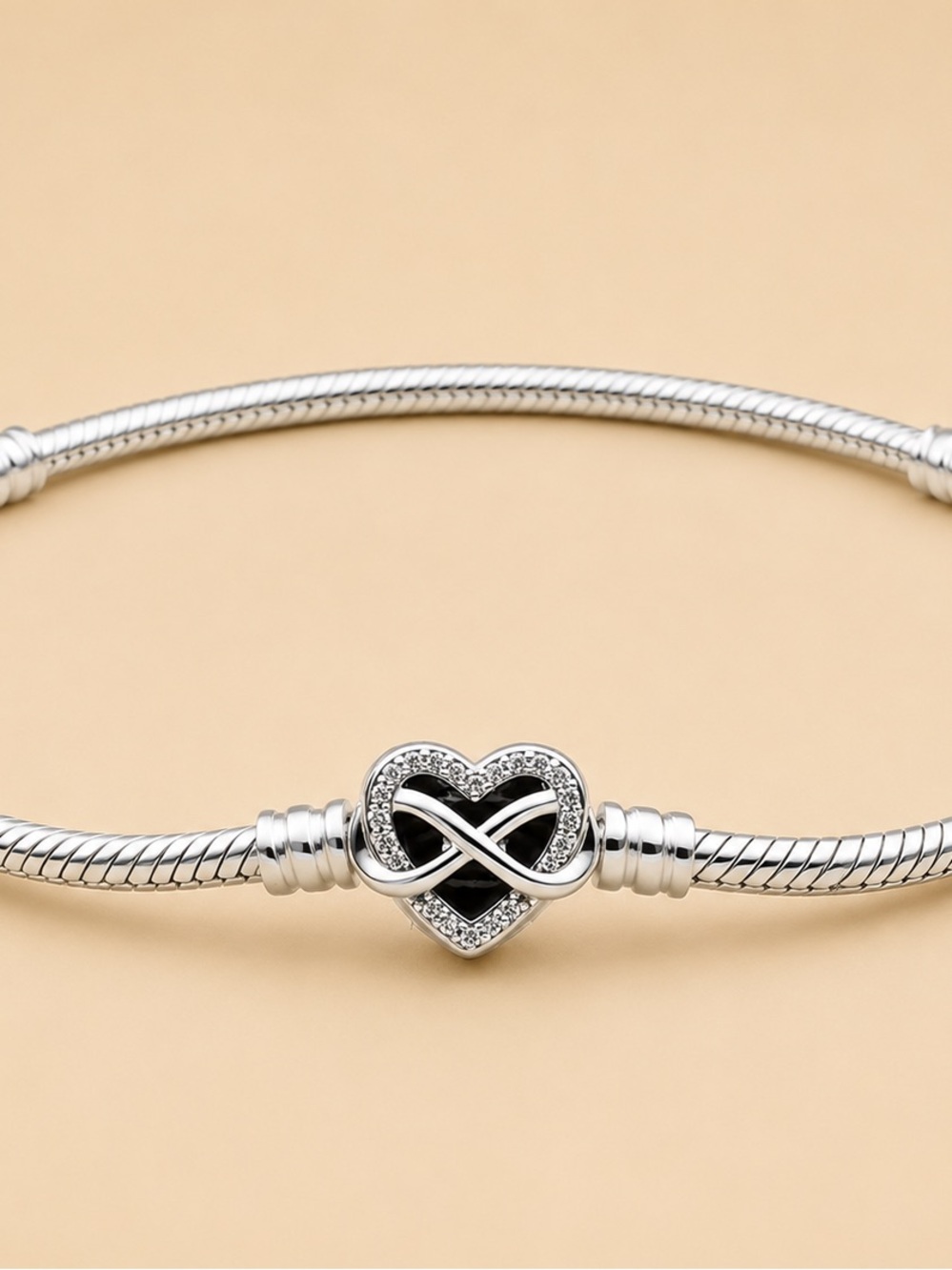 Pandora Sterling Silver Heart Infinity Bracelet with Black Enamel